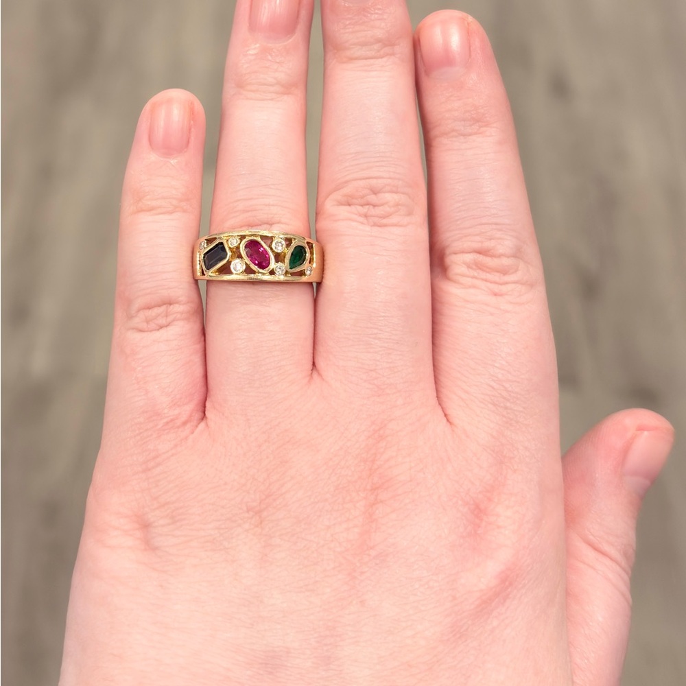 Vintage 14K Natural Precious Gemstone Ring Ruby Sapphire Emerald Diamond 7.5 - Picture 11 of 17